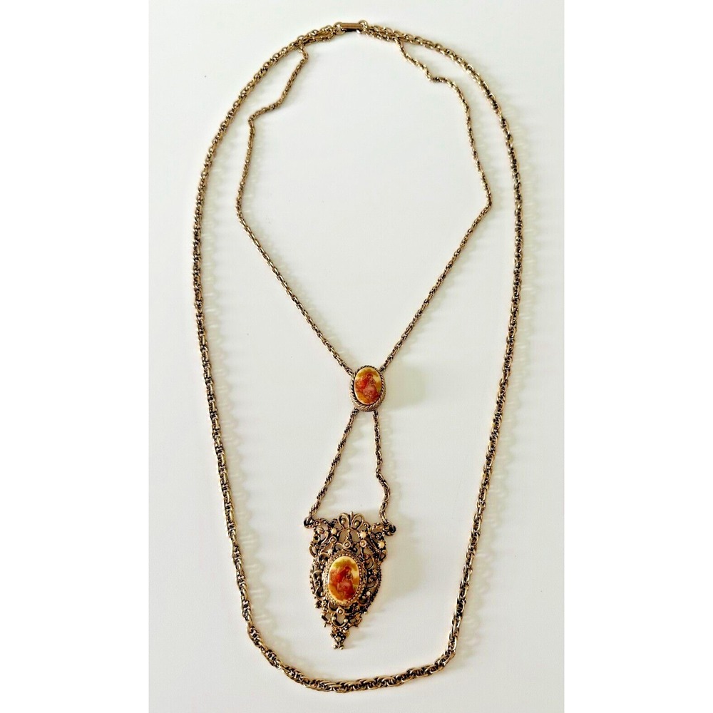 Cameo Courting Couple Necklace‎ Double Strand Pendant Renaissance Gold Tone